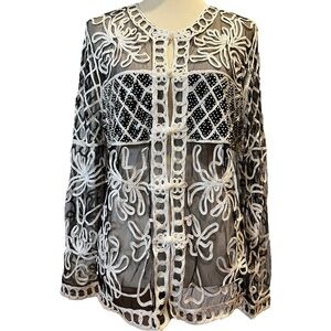 Princess Cruises Elegant Black and White Embroidered Jacket Artsy Embellished